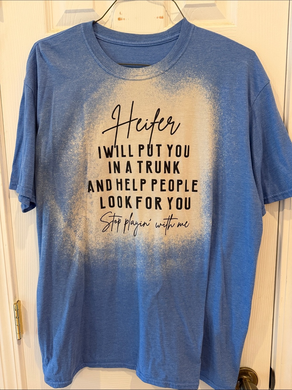 Blue Short-Sleeve Graphic Tee with Bold Slogan - Women’s Casual Top